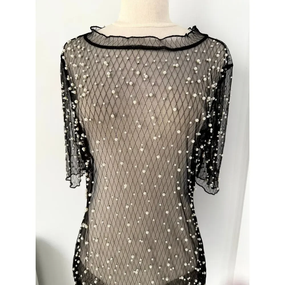 Hot & Delicious Black Sheer pearl dress/cover up L - Picture 2 of 12